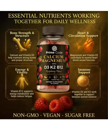      Calcium Gummies for Women & Men with Magnesium Vitamin B12 Vitamin K2 & Vitamin D3 | Calcium Supplement for Adults 100mg Magnesium Supplement for Adults 50mg | Vegan | Non-GMO - Buy Online on GoSupps.com