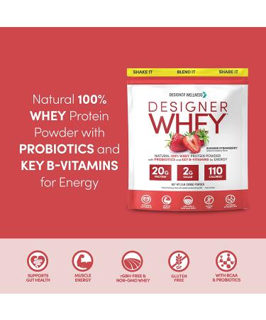 Designer Wellness 100% Whey Protein Powder - Natural, Gluten-Free, Probiotics, Fiber, B-Vitamins, Summer Strawberry, 2 lb - Buy Online on GoSupps.com
