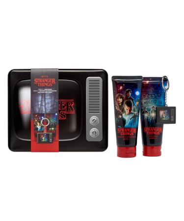 STRANGER THINGS STATIC TV TIN SET 100ML BODY WASH 100ML SHAMPOO & CONDITIONER & TV KEYRING