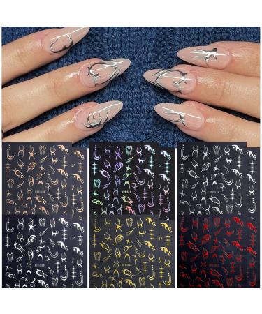 12 Sheets Y2K Nail Art Sticker Decals Gorvalin Gold Silver Metallic Nail Stickers Cool Cyber Punk Nail Design Decal Self-Adhesive Nail Charms for Women Girls 3D DIY Nail Decoration