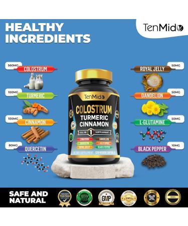 Tenmido Colostrum Supplement - 8in1 Formula - Combine with Turmeric Ceylon Cinnamon Quercetin Royal Jelly Dandelion L- Glutamine and Black Pepper - Digestive Health Support - 120 Capsules - Buy Online on GoSupps.com