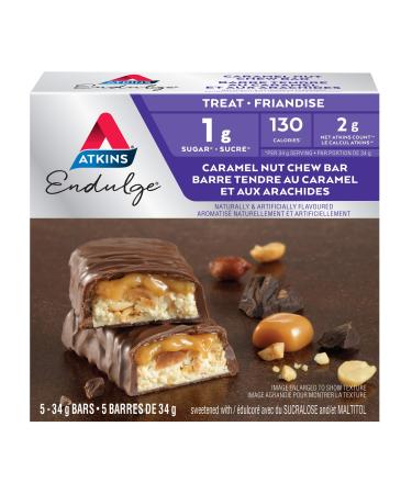Atkins Endulge Bars - Caramel Nut Chew Low Sugar Keto Friendly High Fibre 1g Sugar 2g Carbs 5ct Caramel Nut Chew Endulge Bars