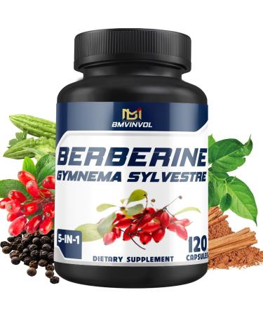 BMVINVOL 5-in-1 Berberine Supplement with Ceylon Cinnamon Gymnema Sylvestre Bitter Melon & Black Pepper - Supports Immune Function Cardiovascular Heart (120 Count)