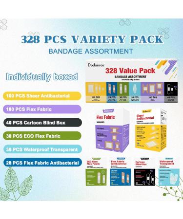 Variety Bandages Pack - 328ct Assorted Waterproof & Eco Bamboo Fabric Bandages | Sheer & Flex Fabric with Cartoon Designs - Perfect for All Sizes & Shapes - Buy Online on GoSupps.com