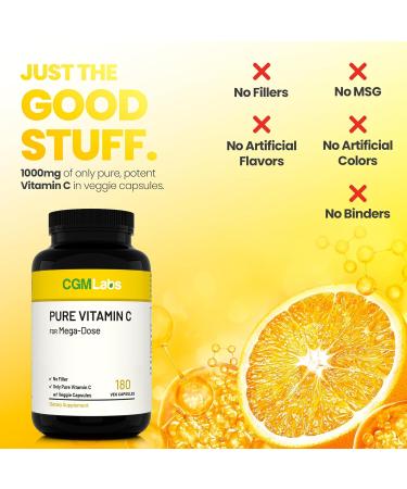 Mega Dose Pure Vitamin C 1000 mg 180 Easy-to-Swallow Veg Capsules by CGM Labs - Buy Online on GoSupps.com