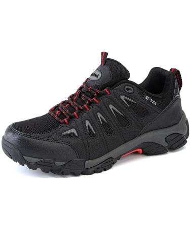 SHULOOK Men's Waterproof Hiking Shoes Non Slip Outdoor Low Top Lightweight Ankle Boots Breathable Hike Trekking Trails Work Shoe 13 Black/Red