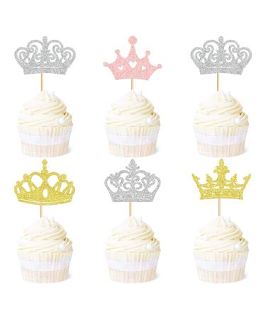 Ercadio 30 Pack Princess Crown Cupcake Toppers Glitter Queen Crown Cupcake Picks Crown Cupcake Toppers for Princess Crown Theme Baby Shower Wedding Party Cake Decorations Supplies Pattern-3