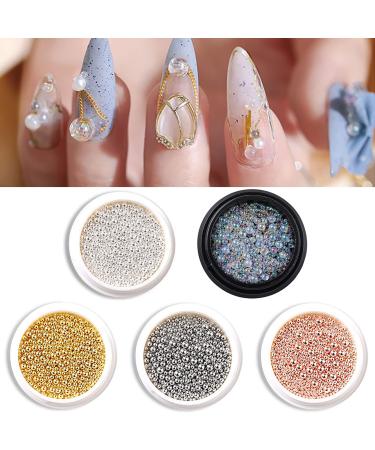 Nail Art Caviar Beads 5 Boxes Nail Art Beads Manicure Mini Steel Ball Nail Art Accessories for DIY 3D Nail Art Decorations Silver Golden Rose Gold