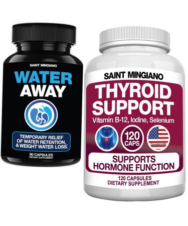 Saint Mingiano 120 Thyroid Support Supplement with Iodine Capsules - with - 90 Water Away Diuretic Water Pills