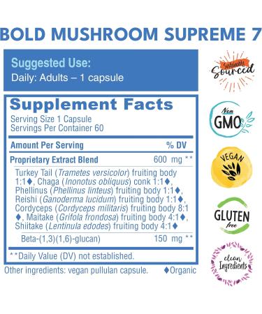 Bold Botanica Mushroom Supreme 7 Mushroom Supplement Organic Extracts of Turkey Tail Chaga Phellinus Reishi Cordyceps Maitake Shiitake for Immune Support & Optimal Wellness 60 Caps - Buy Online on GoSupps.com