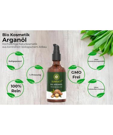 Sunnati Organic Argan Oil Cold Pressed for Face Skin & Hair 100 ml - Organic Argan Oil - Hair Oil without Silicone 100% Pure & Vegan - Glass Bottle with Pipette & Pump - Buy Online on GoSupps.com