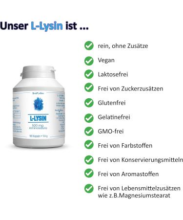 Buy L-Lysine 500 mg Amino Acid Capsules | 180 Natural Vegan Capsules | SinoPlaSan - Boost Immune Health & Support - Buy Online on GoSupps.com