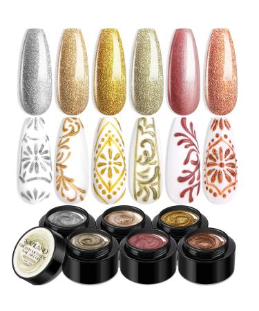 Saviland Gel Nail Polish Set - 6 Colors Metallic Painted Gel Polish Soak Off Emboss U V LED Glitter Gel Nail Art Manicure Kit for Beginners Professionals Home DIY Nail Salon Silver