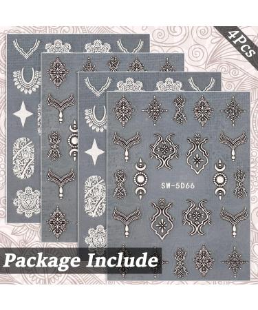 Embossed Bohemian Retro Lace Nail Art Stickers - 4 Sheets for Women and Girls - Buy Online on GoSupps.com