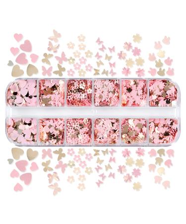 FUYIOCN Nail Art Sequins Charms Butterfly/Heart/Flowers Flakes Glitter for Nails Decoration (Golden Pink)
