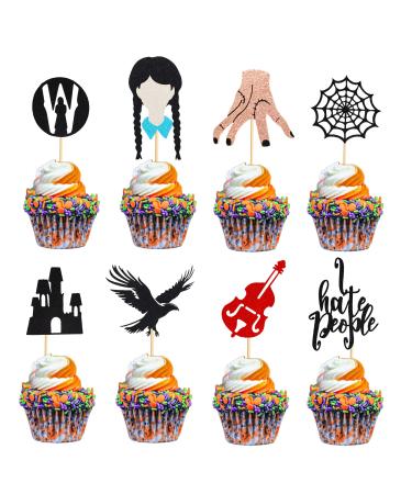 Arthsdite 24Pcs Horror Wednesday Addams Cupcake Toppers Thing Hand Black Eagle I Hate People Cobweb Castle Girl Addams Family Cupcake Picks for Fantasy Wednesday Birthday Party Cake Decorations
