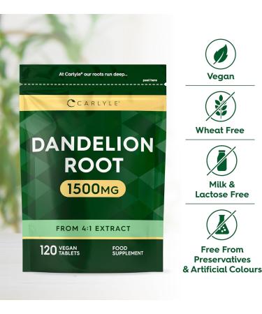 Dandelion Tablets 1500mg | High Strength Dandelion Root Extract | Liver & Digestion Support | 120 Vegan Tablets | by Carlyle - Buy Online on GoSupps.com