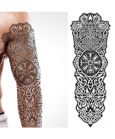 Tatodays 2x temporary tattoo viking nordic compass full arm stick on body art viking medieval celtic transfer for women and men cosplay halloween adult temp tattoo tree of life wolfs fancy dress party cosplay