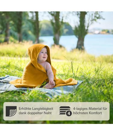 Mababu Hooded Baby Towel - 4-Layer GOTS Organic Cotton Anti-Slip Buttons 75x75 cm Soft & Fluffy Mustard Bath Towel - Buy Online on GoSupps.com