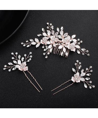 Beautiful Floral Rose Gold Wedding Hair Comb With Clear Crystal Side Bridal Comb with 2 Hair Pins  Hair Sticks