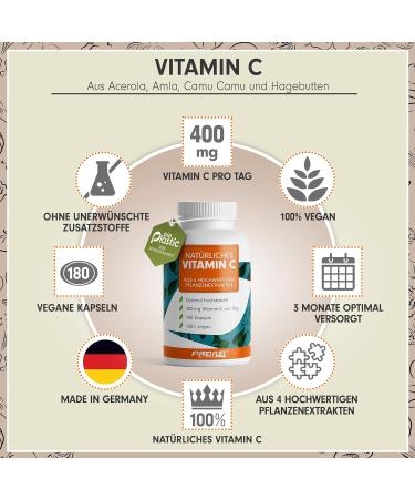 Natural Vitamin C Capsules - 180 Count - 400mg Daily Dose from Amla Acerola Camu-Camu & Rose Hips - Vegan No Additives - Made in Germany - Buy Online on GoSupps.com