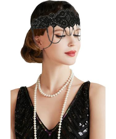HinyBoeh 1920s-Flapper-Headbands Great-Gatsby-Headpiece with Rhinestone-Chain 20s-Roaring-Flapper-Headband for Womens Black One size