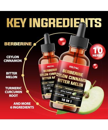 MILIVOL 10in1 Liquid Drops Berberine with Ceylon Cinnamon Bitter Melon Turmeric Ginger Gymnema Sylvestre and More - 2 Fl Oz - Buy Online on GoSupps.com