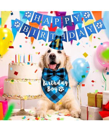 JOTFA Dog Birthday Party Supplies Plaid Dog Birthday Boy Bandanas with Dog Birthday Party Hat Bow Tie Birthday Number for Small Medium Large Dogs Pets (Light Blue) Bandana & Hat & Bow Tie & Number & Banner Light Blue - Buy Online on GoSupps.com