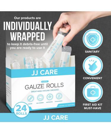 JJ CARE Gauze Rolls Pack of 24 - Individually Wrapped Bandage Roll (4 x 4.1 Yards) + Bonus Medical Tape - Latex Free & Stretchable - Buy Online on GoSupps.com