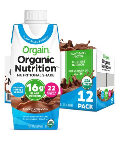 Orgain Organic Vegan Plant Based Nutritional Shake, Smooth Chocolate - Meal Replacement, 16g Protein, 22 Vitamins & Minerals, Dairy Free, Gluten Free, 11 Ounce, 12 Count (Packaging May Vary) Chocolate Vegan Nutrition Sha