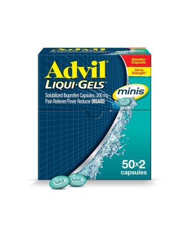 Advil Liqui-Gels minis Pain Reliever and Fever Reducer, Pain Medicine for Adults with Ibuprofen 200mg for Pain Relief - 50x2 Liquid Filled Capsules 2 Count (Pack of 50) - Buy Online on GoSupps.com