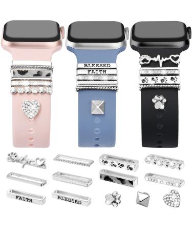 JR.DM 13 Pieces Silver Watch Band Charms with 10-Pcs Decorative Rings Loops & 3-Pcs Classic Clasp, Compatible with Apple Watch 38mm 40mm 41mm 42mm 44mm 45mm Metal Diamond Sliding Strap Accessories for iWatch Series 8 7 6 5 4 3 2 1 (No Watch Band)