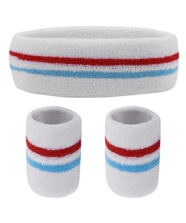 Yolev striped welding band set sports headband bracelet (1 headband and 2 bracelets) set welding straps for sporty men and women white red blue white red
