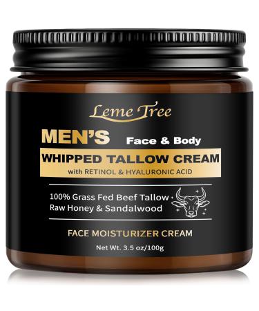 Men's Beef Tallow for Skin Whipped Grass-Fed Beef Tallow Face Cream Tallow Balm with Anti-Aging Retinol & Hyaluronic Acid Mens Skin Care Face Moisturizer Reduces Wrinkles Lines Sandalwood 3.5 OZ Sandalwood 3.5 Ounce (