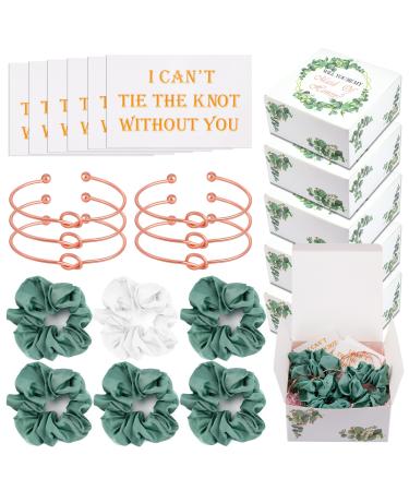 24pcs Greenery Eucalyptus Bridesmaids Proposal Gift Set 6 Green Bridesmaid Proposal Boxes 6 Love Knot Bracelet with 6 I Can't Tie The Knot Card and 6 Satin Bridesmaid Scrunchies Hair Ties