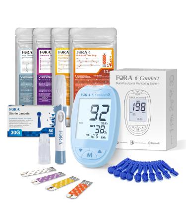 FORA 6 Connect 4-in-1 Blood Glucose Ketone Cholesterol and Uric Acid Meter For Home Use - Bluetooth & App Includes Test Strips & Accessories - Blue
