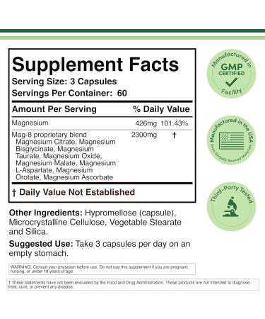 Magnesium Complex Supplement 180 Capsules (426mg Elemental Magnesium Provided by 2,300mg of Eight Different Forms of Magnesium) MAG-8 Provides 100% Daily Recommended Value of Magnesium by Double Wood - Buy Online on GoSupps.com