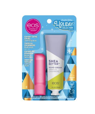 eos Holiday Skin Care Set- Vanilla Cashmere Travel Hand Cream & Candy Cane Swirl Lip Balm Stocking Stuffers 1 fl oz Hand Cream + 0.14 oz Lip Balm 2-Pack Cranberry Joy & Merry Berry 2 Piece Set