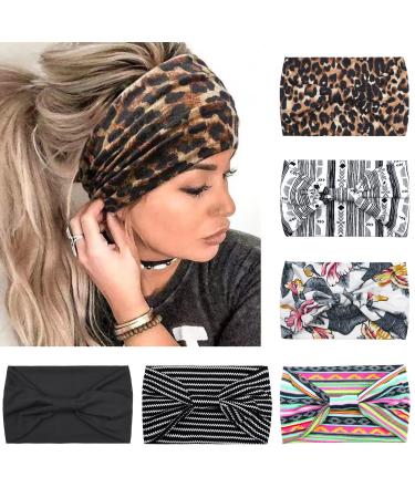 Kavya 6 PCs headband women wide elastic soft boho hair straps leopard print hair accessories yoga sport hair band multi -colored hair tires women black