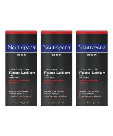 Neutrogena Triple Protect Men's Daily Face Lotion with Broad Spectrum SPF 20 Sunscreen, Men's Anti-Aging Facial Moisturizer to Soothe Razor Irritation & Relieve Dry Skin, 3 x 1.7 fl. oz 1.7 Fl Oz (Pack of 3)