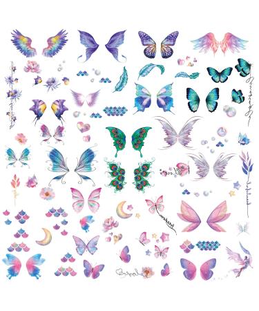 Glitter Butterfly Temporary Tattoos Stickers for Girls  Waterproof Body Stickers Fairy Wings Flowers Waterproof Fake Tattoo Decorations for Kids Women Face Makeup Birthday Party Favors Goodie A- Purple