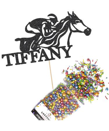 Cakeshop Cake Decoration Pack | Horse Racing Theme Premium Double Sided Glitter Card Cake Topper Sign & 25g Party Pack of Cake Sugar Sprinkles | Custom Name Cake Decorations (Black) Prime Glitter Card: Black
