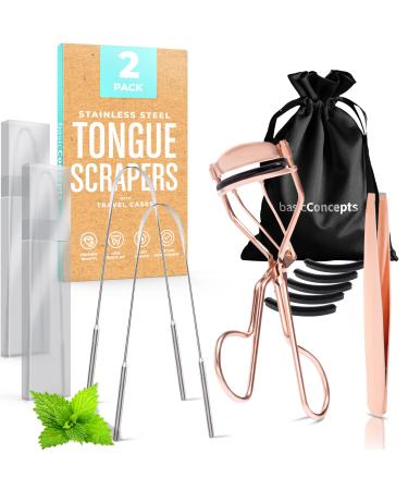 Tongue Scraper (2 Pack) and Eyelash Curler (Rose Gold) Bundle