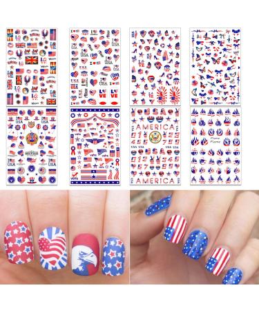 TailaiMei 4th of July Nail Decals Stickers, Self Adhesive Independence Day Patriotic American Flag DIY Design Nail Art Decorations (8 Sheets) Independence Day, 8 Sheets