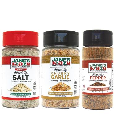 Jane's Krazy Mixed Up Seasonings Variety Pack of 3 - Mixed-Up Salt Pepper and Garlic 3 Piece Set