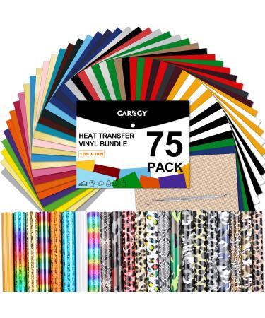 CAREGY HTV Heat Transfer Vinyl Bundle: 75 Pack 12 x 10 Iron on Vinyl for  T-Shirt 57 Assorted Colors with HTV Accessories Tweezers for All Cutter  Machine or Heat Press Machine 75Colors