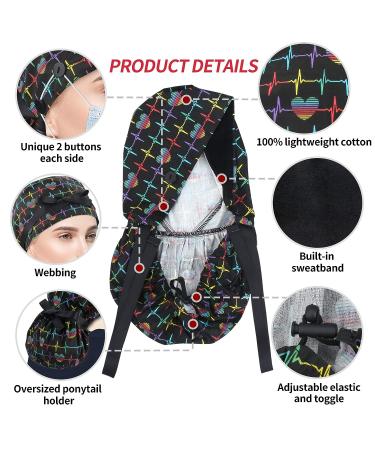 ABAMERICA Women's Surgical Scrub Cap with Ponytail Holder Personalized Nurse Hat for Long Hair | D02 Heart Beating Design - Buy Online on GoSupps.com