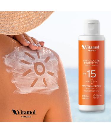 Vitamol Medium Sun Protection SPF 15 Face and body sunscreen milk protecting against UVA and UVB rays No white effect Water resistant - Buy Online on GoSupps.com