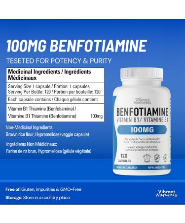 Benfotiamine Vitamin B1-120 Capsules 100mg of High Absorption Vitamin B1 Supports Normal Growth & Energy Production Third Party Tested Gluten Free Vegan Made In Canada by Vibrant Naturals - Buy Online on GoSupps.com