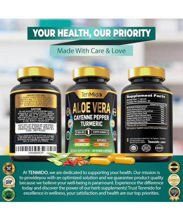 Tenmido Aloe Vera Capsules Supplement - 8in1 Formula - Combine with Turmeric Cayenne Pepper Marshmallow Fennel Gotu Kola Ginger and Black Pepper - 90 Capsules for 3 Months Supply - Buy Online on GoSupps.com